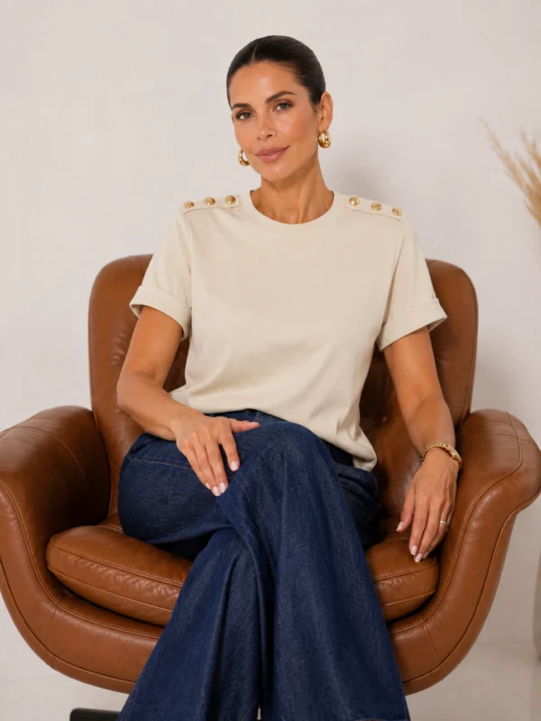 Camiseta Algodão Botão Nude - Imagem 1