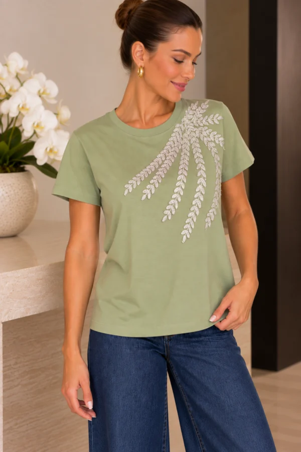 Camiseta Algodão Bordado Verde - Imagem 3
